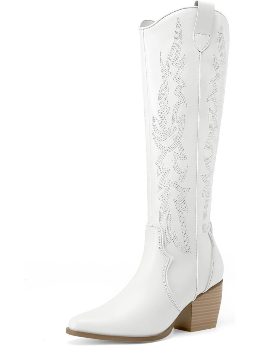 Womens All White Wide Calf Zipper Chunky Heel Western Cowgirl Knee High Boot